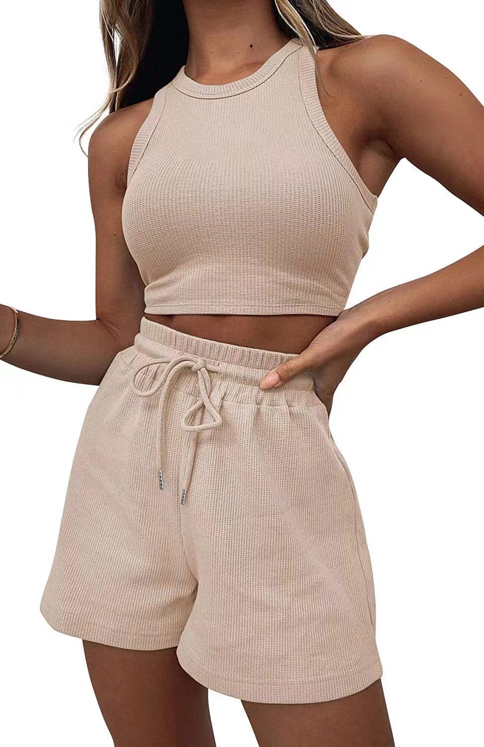 GenericWomen's Two Piece Lounge Sets for Women-2 Piece Shorts Outfits Sets Cute Sleeveless Crop Top and Shorts Sweatsuits Loungewear