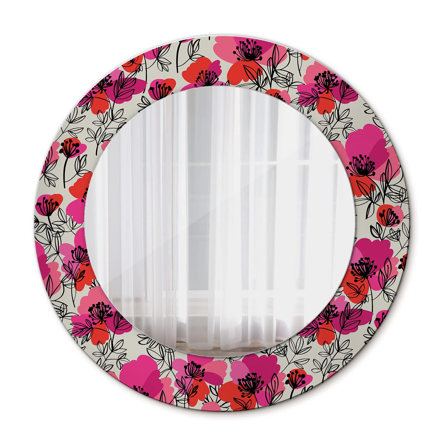 Miroir de salle de bains rond Tulup Ø50 cm en verre premium motif coquelicots roses