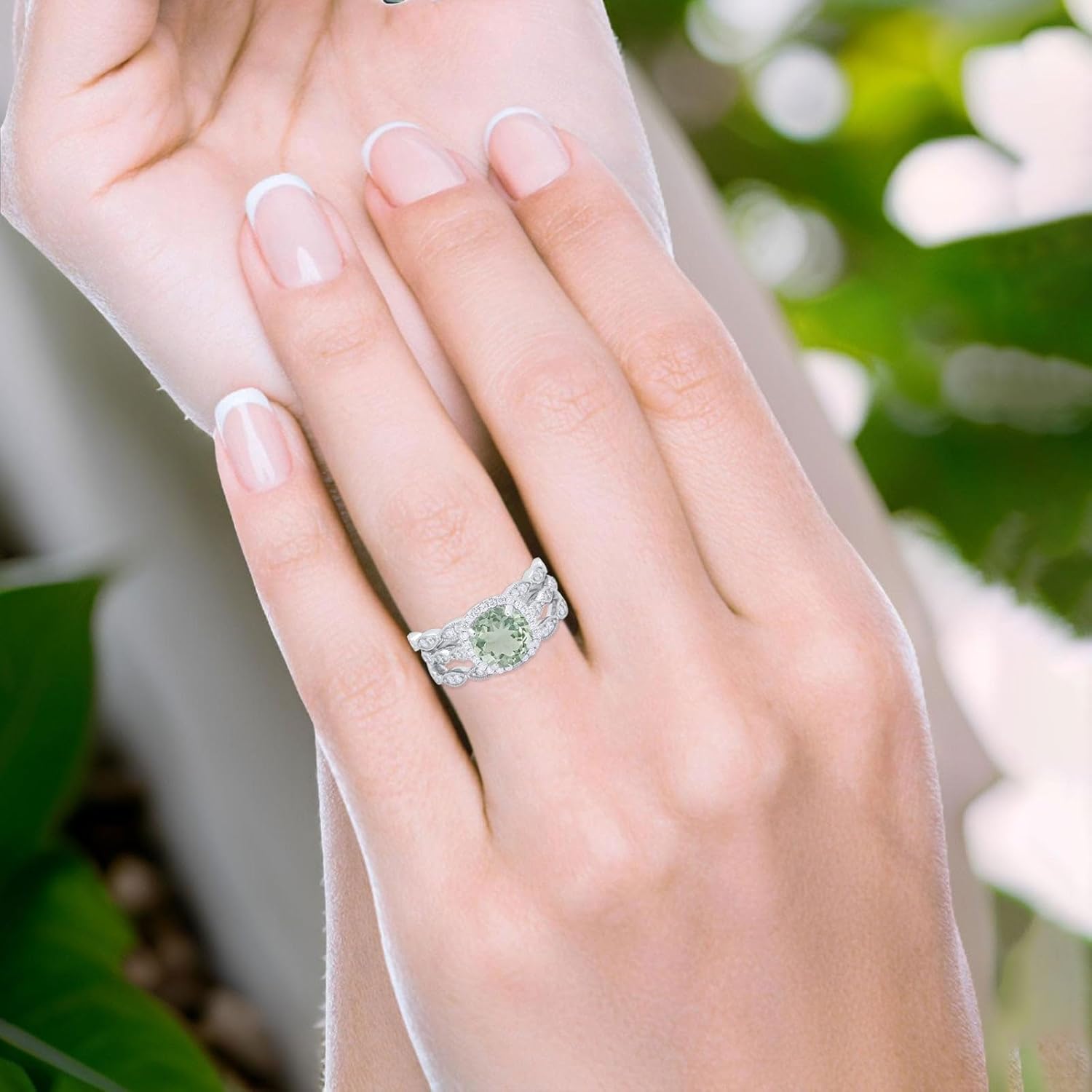 OMRANII Art Deco Three Piece Round Natural Green Amethyst Prasiolite Half Eternity Band Vintage Style Halo CZ Wedding Set Bridal Engagement Ring 925 Sterling Silver