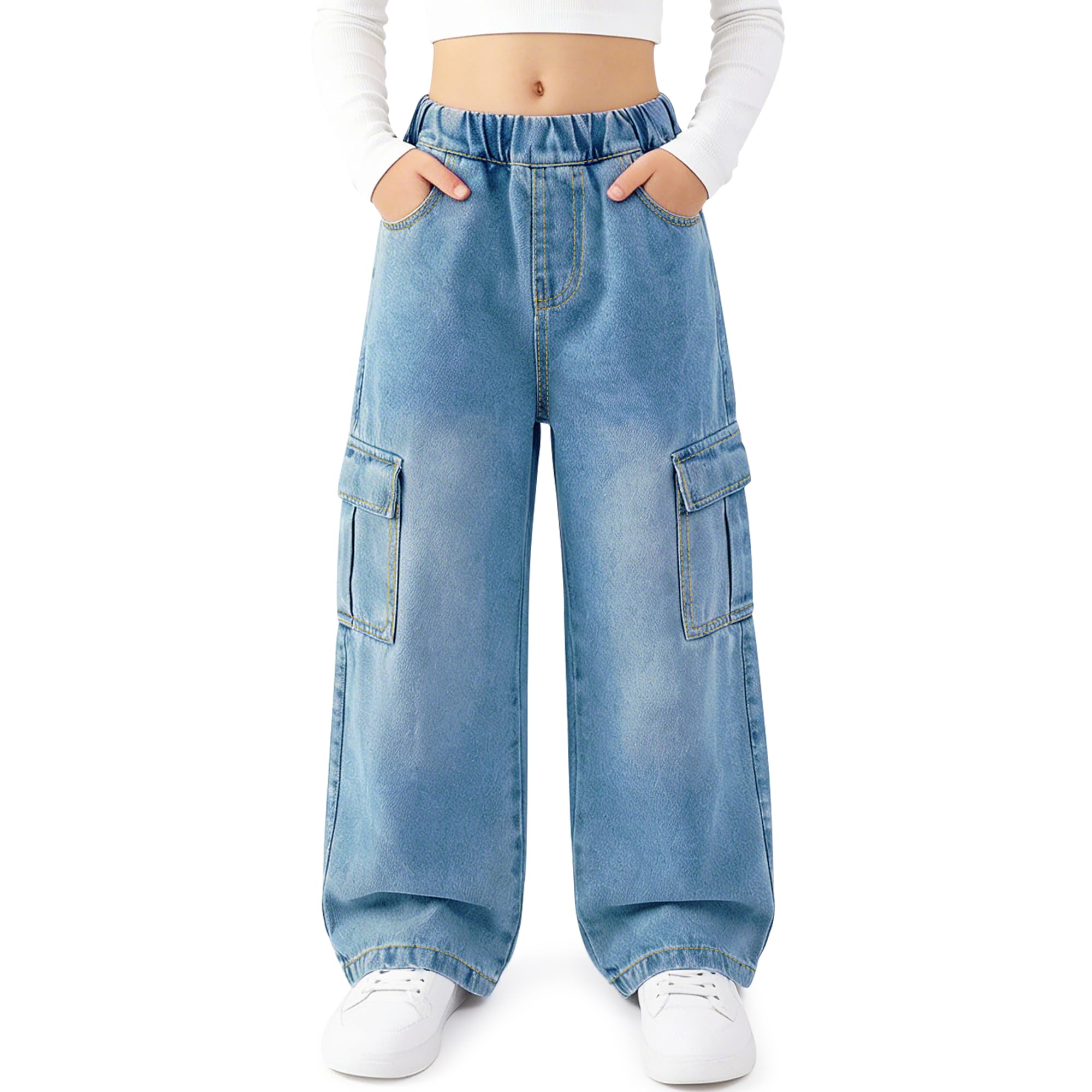 Vaqueros Cargo para Niña Baggy Cintura Elásticos Denim Jeans Pierna Anchos Pantalones Largo Stretch Múltiples Bolsillos Casual Moda 7-15 Años