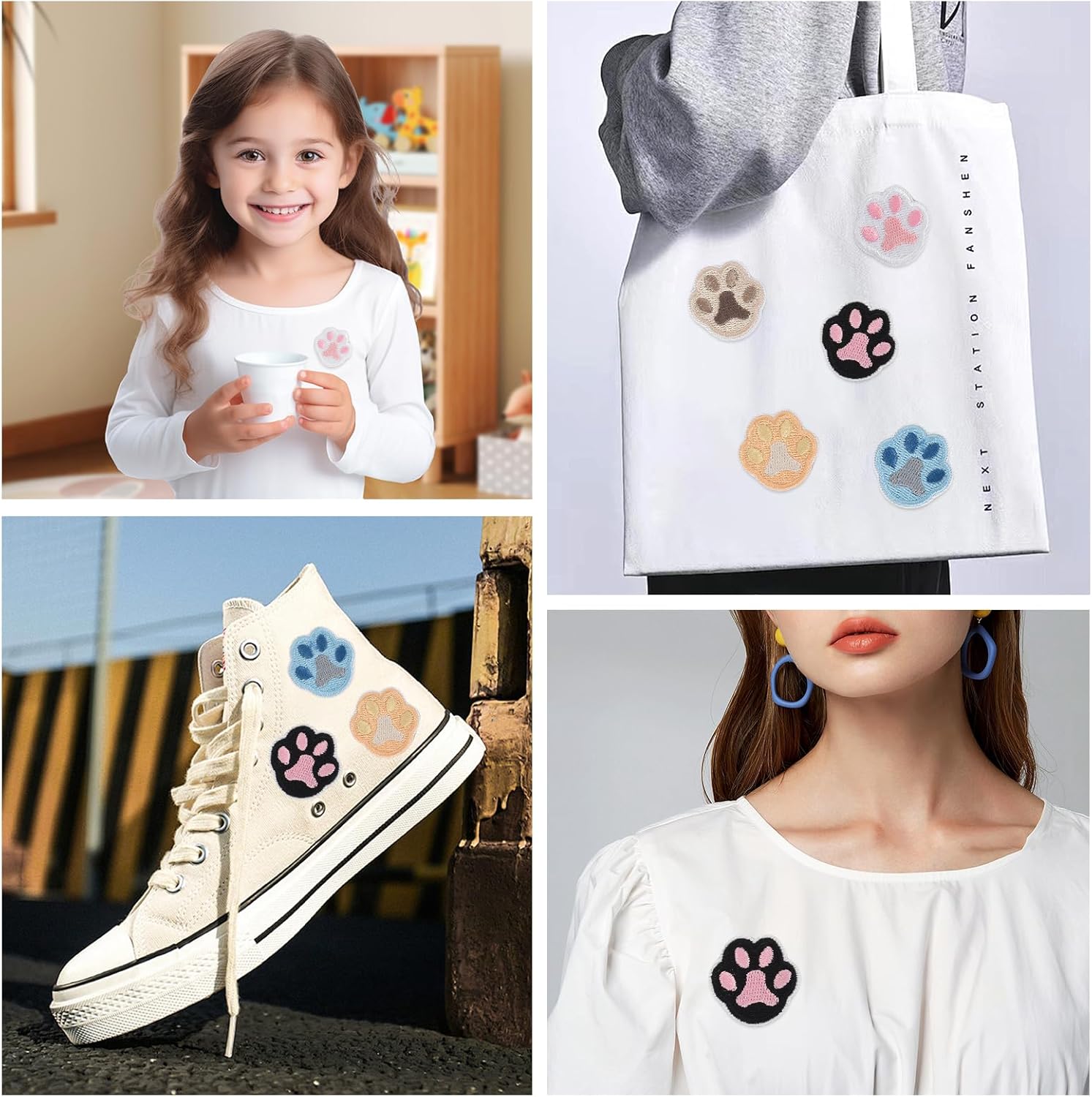 Footprint Patches, Embroidered Cute Paw Print Patches, Paw Applique, Self-Adhesive, Set of 14 Multicolor Polyester Sewing Patches for Clothing Decor and Arts & Crafts Projects, 7 Colors