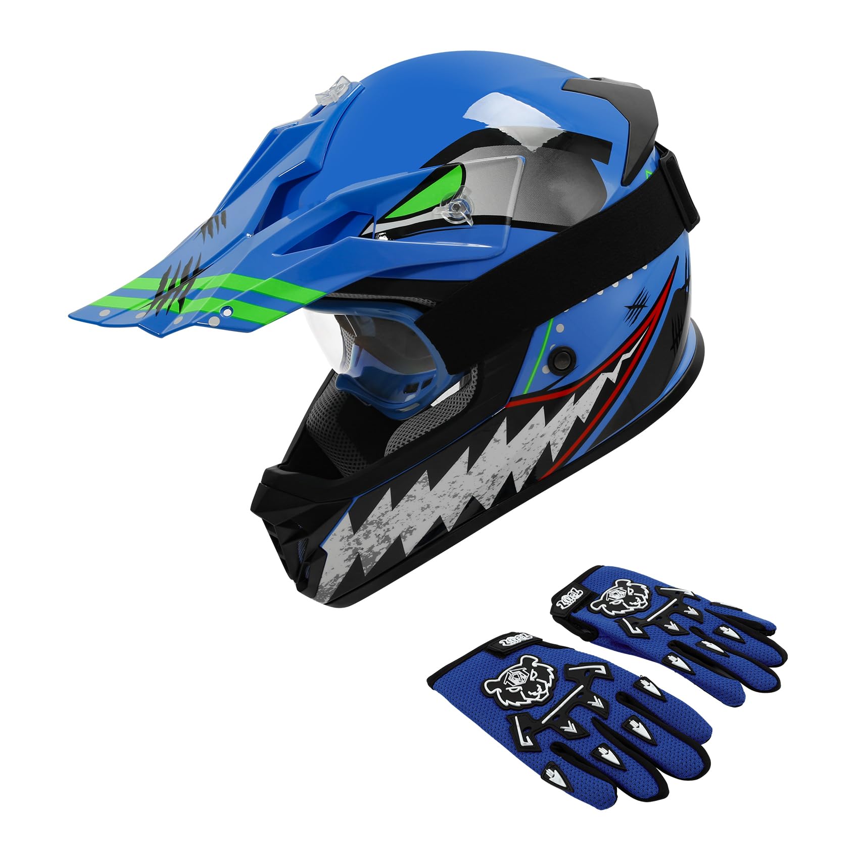 XFMT DOT Youth Kids Dirt Bike Helmet Full Face Motocross Helmets for Off-Road ATV Street Bike Four Wheeler Motorcycle with Goggles & Gloves, Blue Shark Small