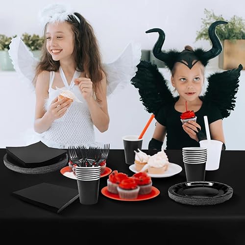 Miniatura 3 de Severs - Platos de papel negro para 25 invitados, de 9 pulgadas, platos de papel negro a granel, tazas, servilletas y mantel, platos desechables