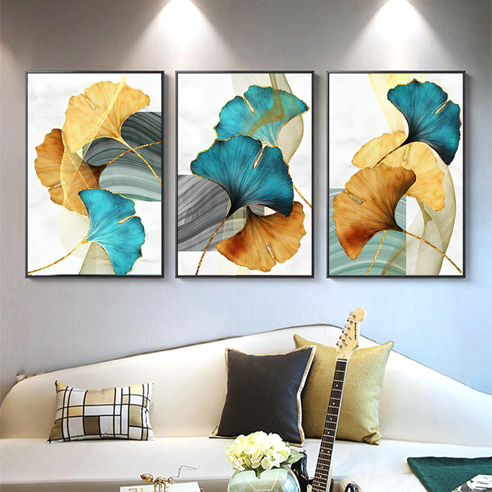 Impression sur Toile Salon Moderne Jaune Bleu : Triptyque Décoration Murale