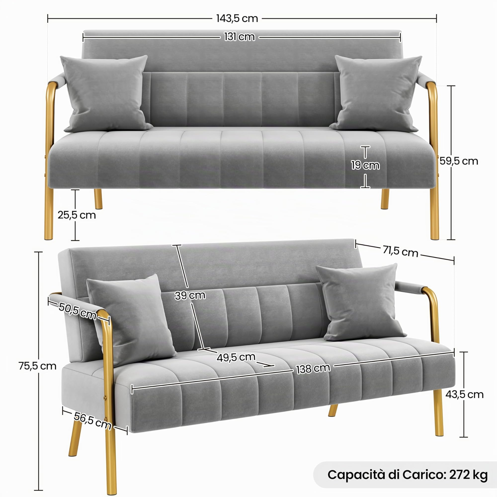 Yaheetech Divano Imbottito a 2 Posti in Velluto Divanetto da Salotto con Braccioli 143,5 cm × 71,5 cm × 75,5 cm Sofa Moderno con 2 Cuscini Divano per Soggiorno Camera da Letto Grigio Chiaro