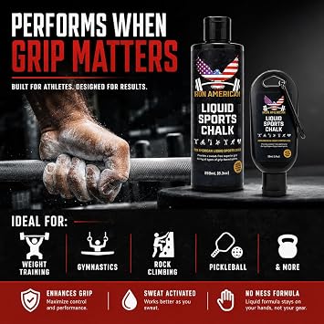 IRON AMERICAN Liquid Chalk - Mess-free Long Lasting Grip for Weightlifting, Gymnastics, Rock Climbing, Fitness Training - 50ml Travel Bottle - Advanced Hand Chalk for Gym - 2 Pack