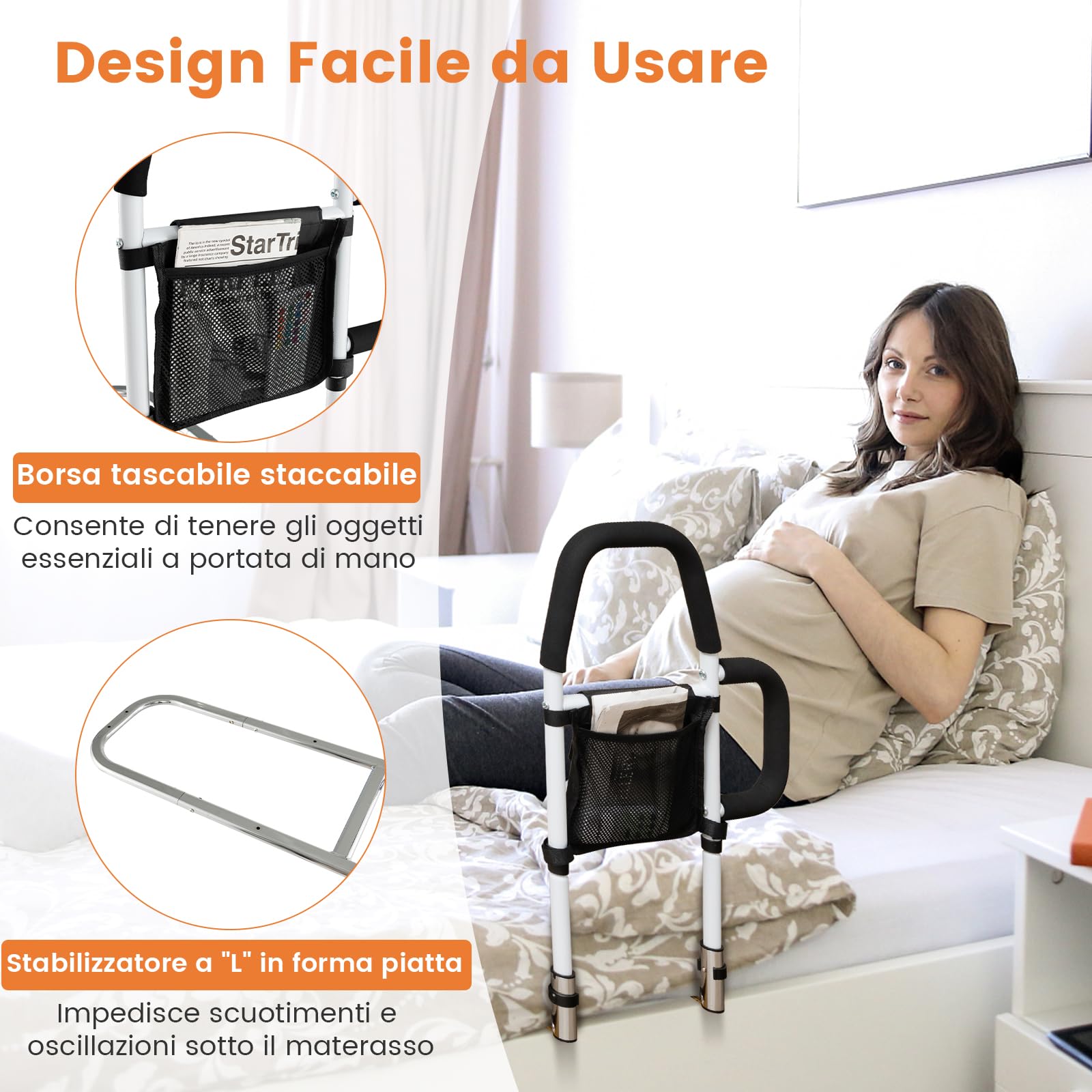 COSTWAY Sponda Letto Anziani Sicurezza Anticaduta, Doppia Impugnatura, Tasca Staccabile, Cinghia Fissaggio, Portata 136 kg, Facile Installazione, per Letti King/Queen (Modello 2)