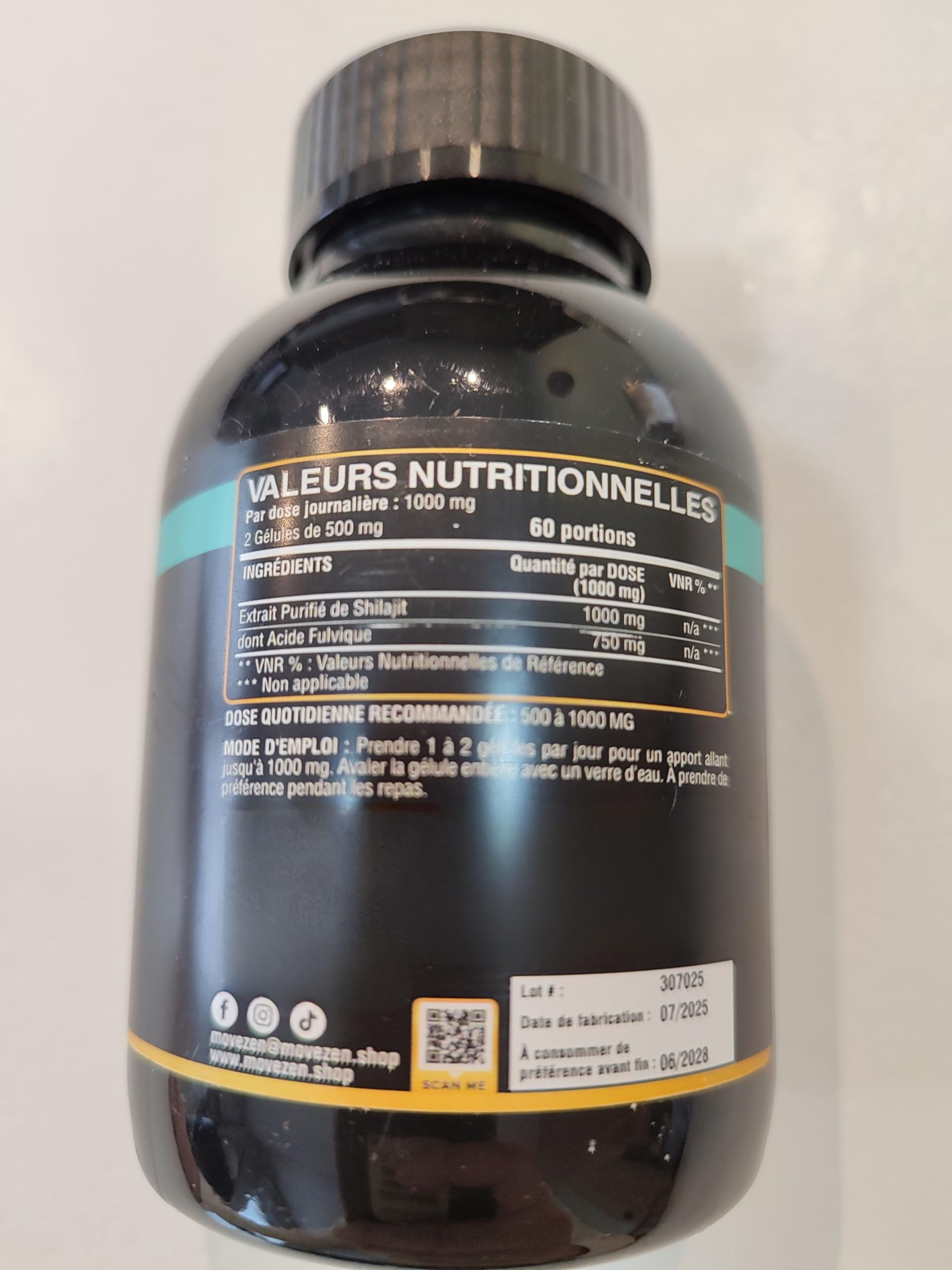 Shilajit+ Cápsulas Movezen, Himalaya, 120 Cápsulas Veganas, Sin Sabor, 1000 mg por Dosis, ≥75% Ácido Fúlvico, 85 Minerales, Hasta 120 Días, Analizado por Eurofins, Calidad Europea (Mumijo)
