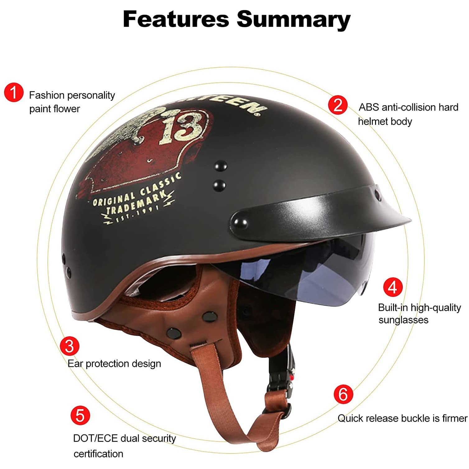 Motorhelm, halve schaal, DOT/ECE-gecertificeerde jethelm, retro met vizier, motorhelm, brain-cap, halve schaal, retro scooterhelm, bromfiets, scooterhelm voor cruiser en chopper