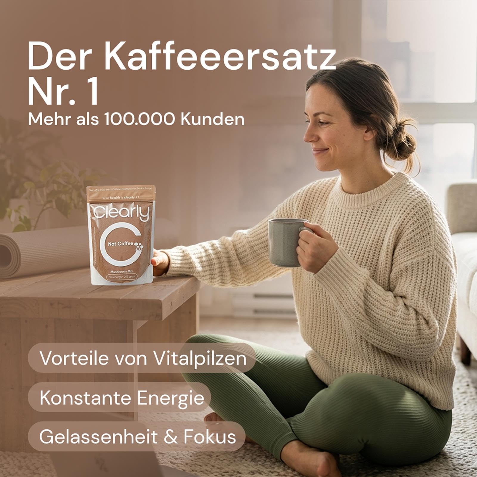 Clearly Not Coffee – Ungesüßtes Pilzgetränk mit Kakao, Chaga, Reishi, Lion's Mane & Cordyceps – Kaffee­freie Kakao-Alternative, Vegan & Zuckerfrei – 255 g