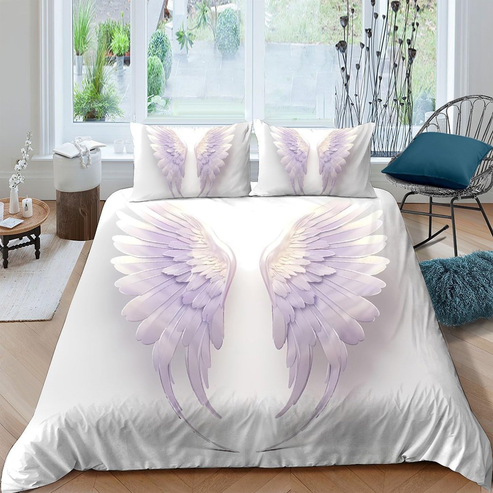 Ctjqhvkz Style-2 3D Printed Angel Wings Fitted Sheet Microfiber Soft Bedroom Decor Purple Feather Bed Sheet Mattress Cover Single（135X200cm）