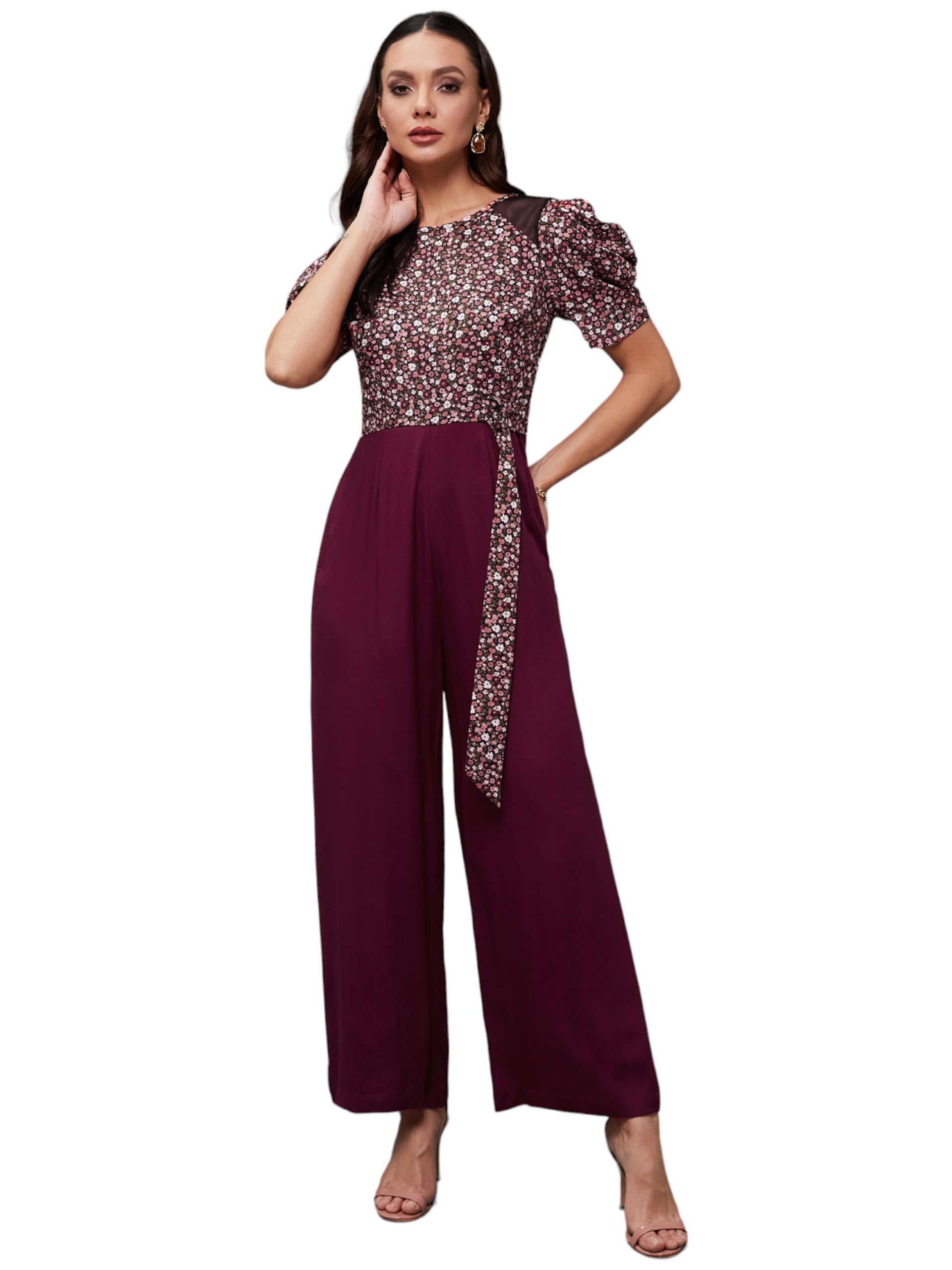 miss chase Women's Round Neck Cowl Sleeve Floral Wide Leg Jumpsuit with Pockets-picture-45