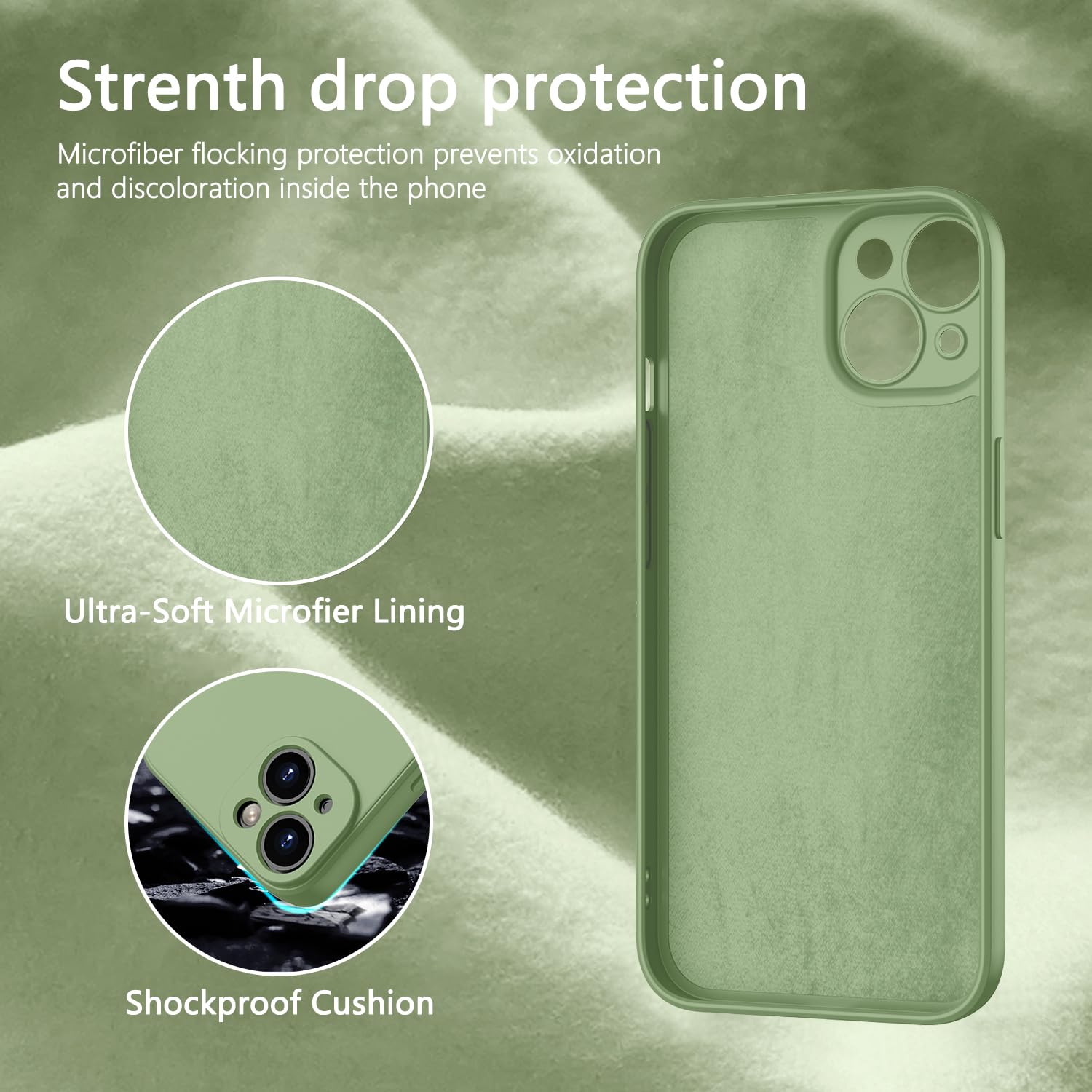 pcgaga Custodia per iPhone 14 con Pellicola Vetro Temperato - Protezione completa in Silicone Liquido con Microfibra Antiurto per Fotocamera - 6.1'', Trifoglio Verde