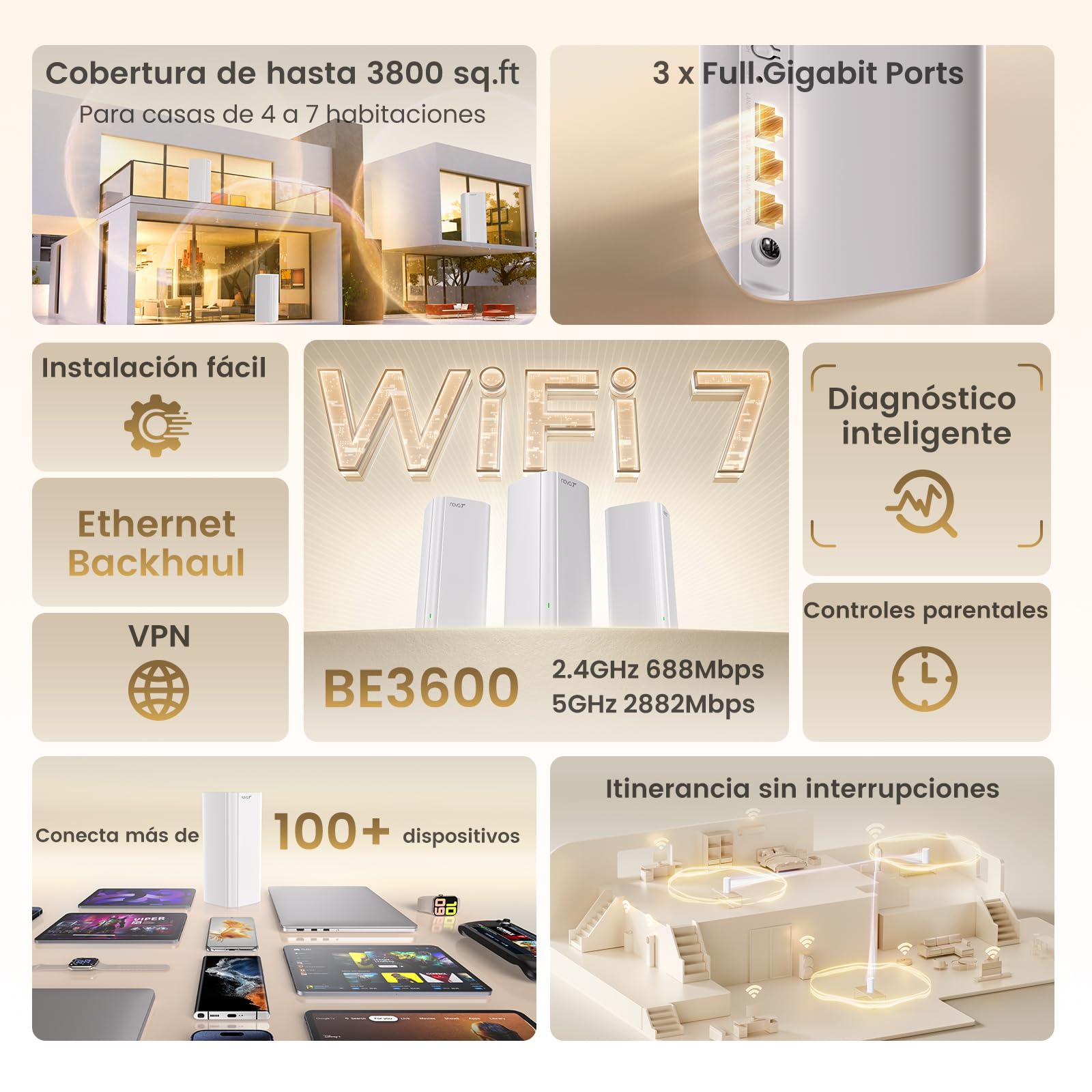 Tenda Nova ME3 Pro (Pack de 3) – Sistema WiFi 7 Mesh BE3600 (3.6 Gbps Doble Banda), 3 Puertos Gigabit, Cobertura para Todo el Hogar, Ideal para Streaming 4K y Juegos, MLO, WPA3, Itinerancia Continua