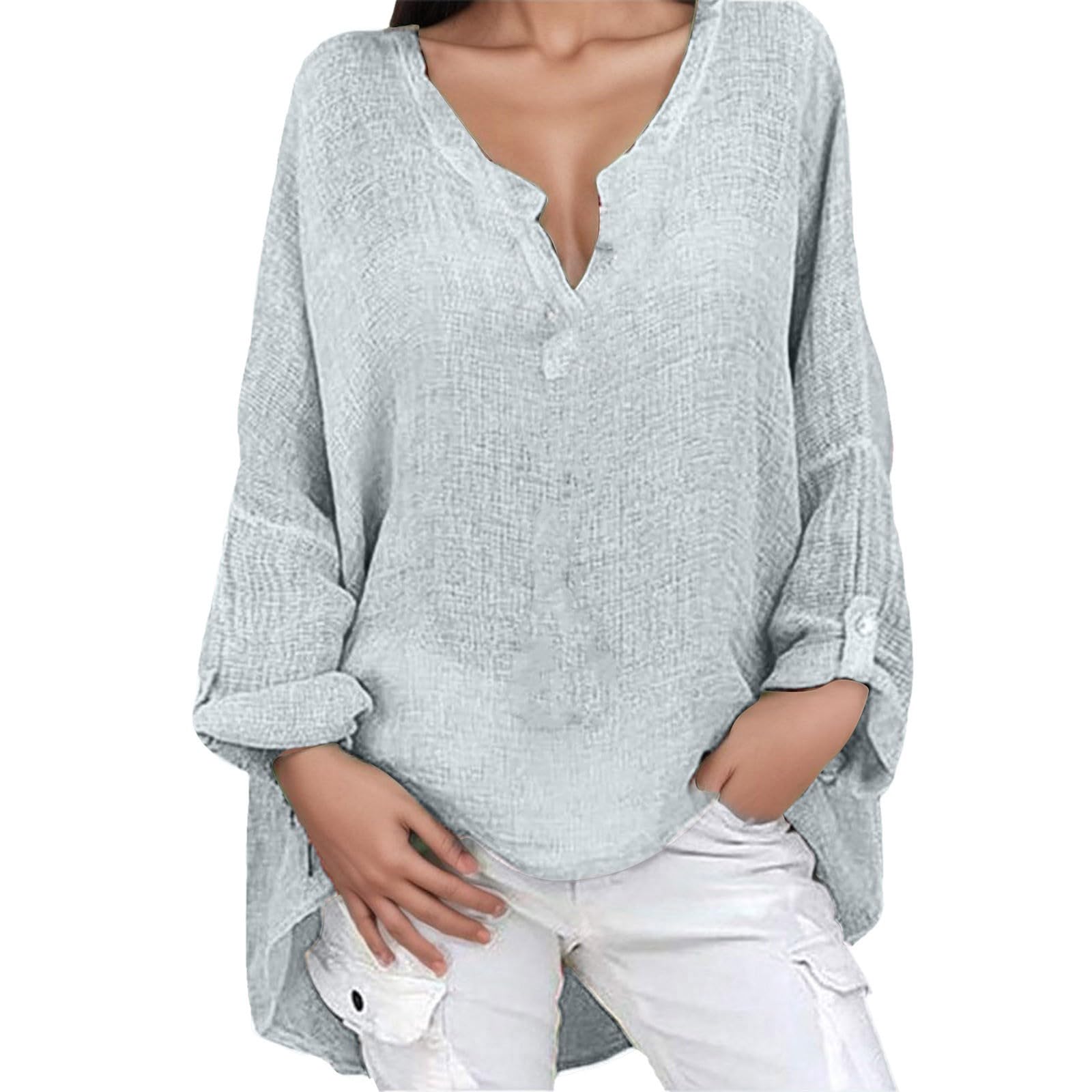 Générique 2024 Blusa Mujer Algodón Lino Primavera Verano Elegante Camiseta Manga Larga Oversized Lino Blusa Túnica Casual Cuello V Color Sólido Tops Sexy Suelto Transpirable Camisa Tops Tamaño Grande Barato