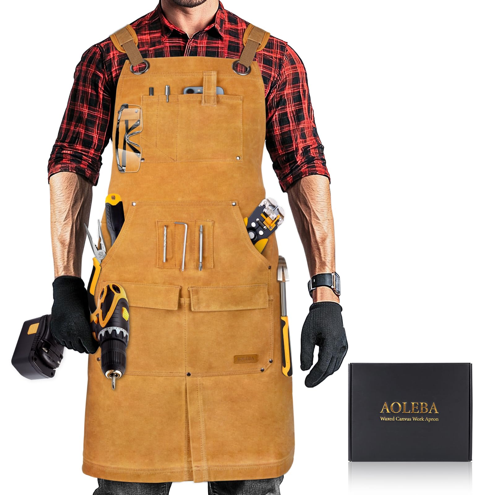 AOLEBA Woodworking Apron for Men,Heavy Duty Waxed Canvas Work Tool Apron with 12 Tool Pockets for Workshop, Mechanic, Carpenter, Blacksmith, Mens