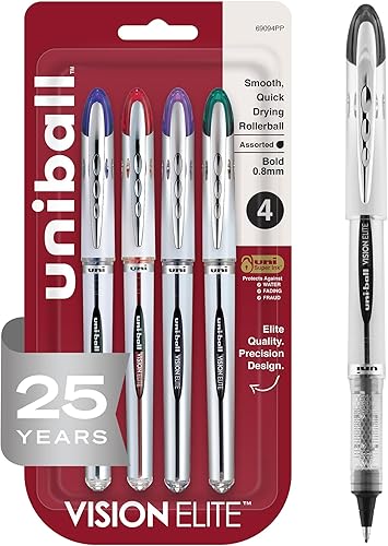 uniball Vision Elite Rollerball Pens, Bold Point (0.8mm), Assorted Colors, 4 Pack