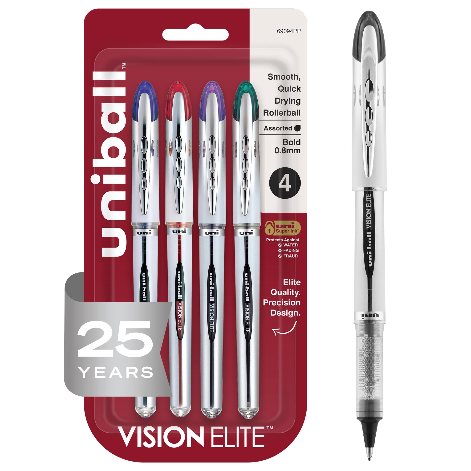 uniball Vision Elite Rollerball Pens, Bold Point (0.8mm), Assorted Colors, 4 Pack