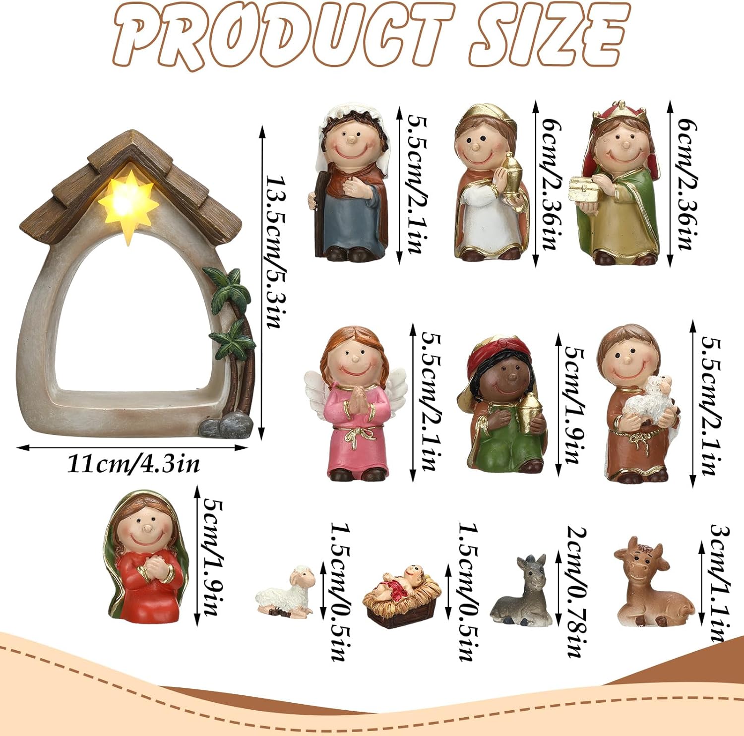 Sintuff 12 Pcs Mini Christmas Nativity Set with LED Light Includes Resin Manger and 11 Figurines Nativity Scene Decor Religious Table Decorations for Christian Desk Shelf Home Decor