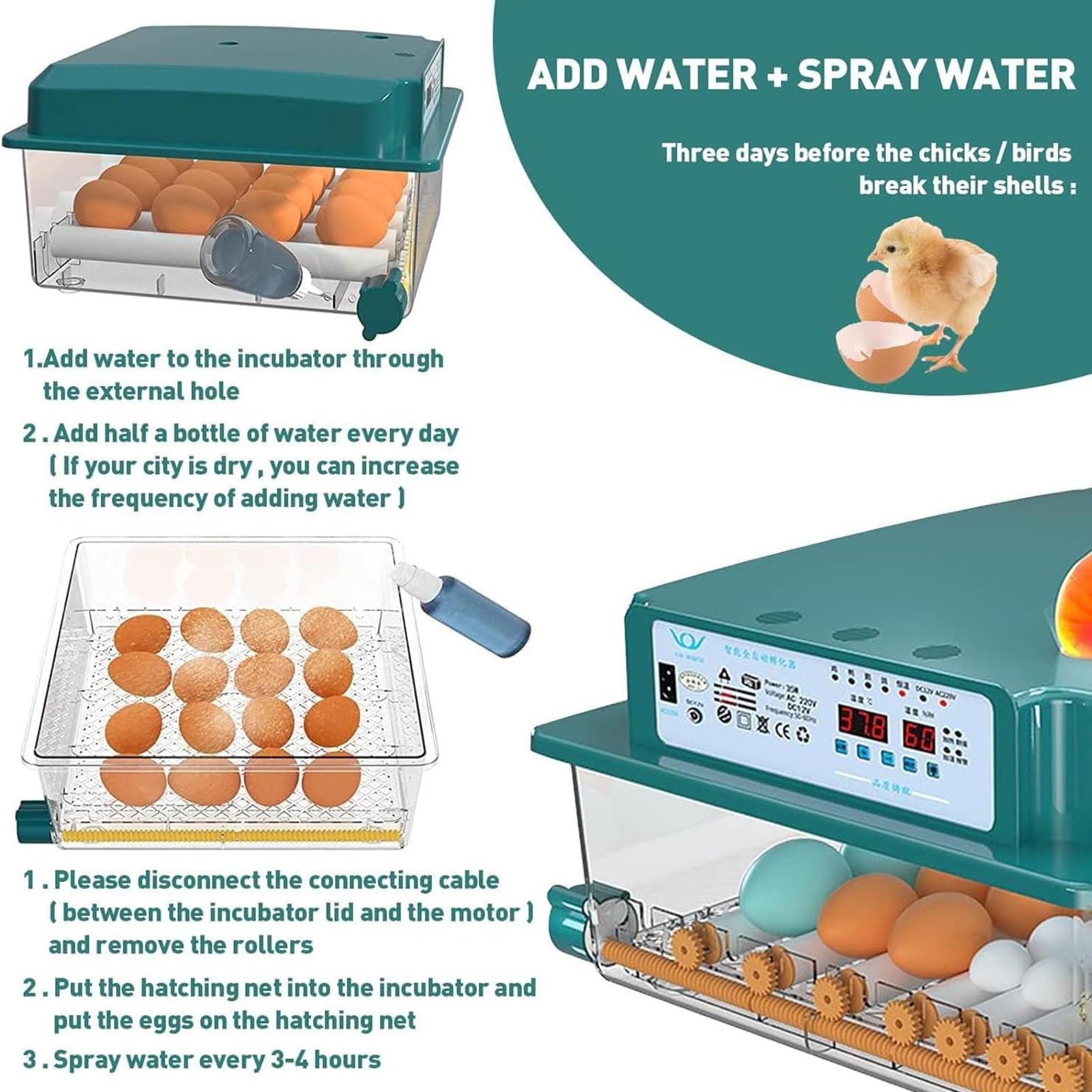 Incubadoras for incubar huevos, con volteo automático de huevos, monitor de humedad, control de temperatura, modos de incubación y registro de días de incubación, for huevos de gallina y codorniz.(30p