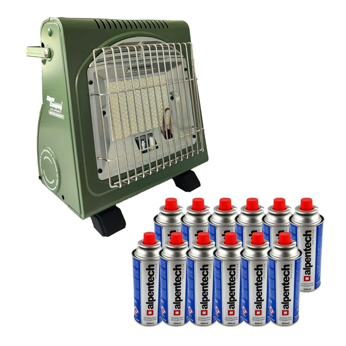 Alpen Camping - Chauffage à gaz Portable 1700W Ceramique + 12 Cartouches gaz Chauiffage pour Extérieur avec Sécurité thermocouple ODS