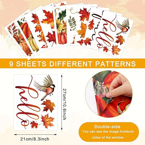 Miniatura 2 de Whaline 9 hojas de calcomanías coloridas de doble cara para ventana de otoño, Acción de Gracias, pájaro, calabaza, hoja de arce, calcomanías