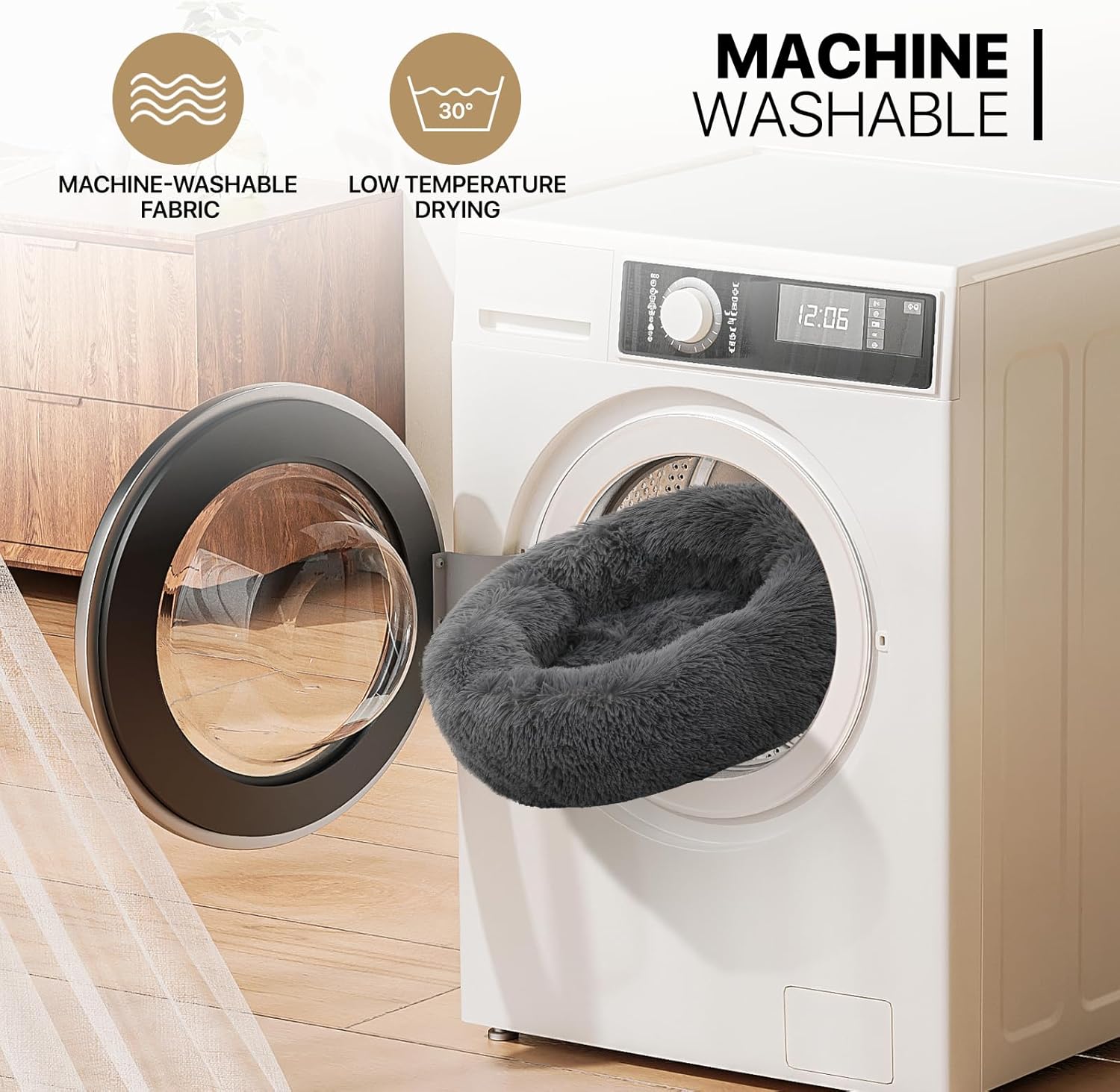 MoNiBloom 24"x24"x10.5" Dog Beds for Small Size Dogs Machine-Washable Long Plush Pet Beds Warming Cozy Soft Bed for Dogs and Cat, Dark Grey