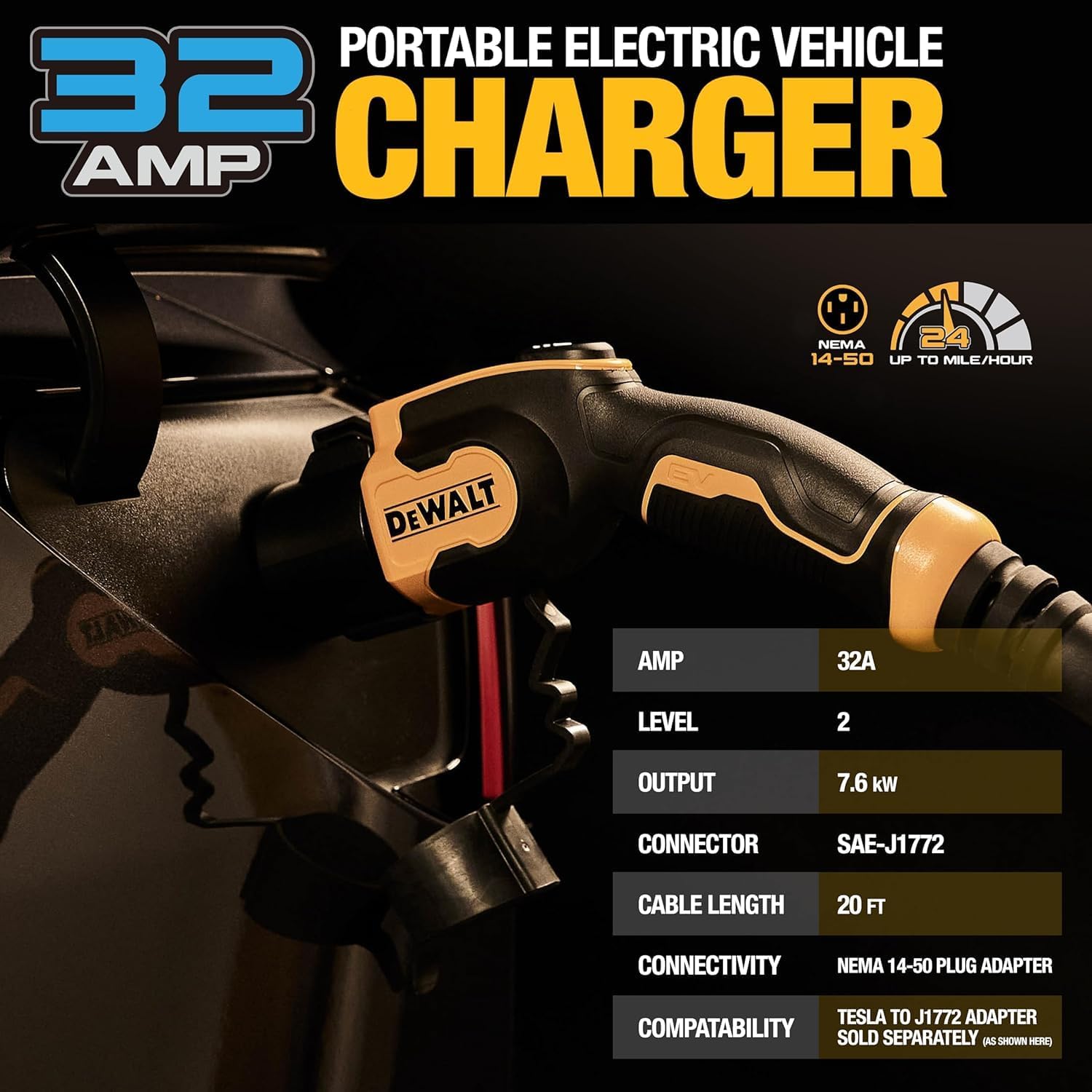 DEWALT Portable Electric Vehicle (EV) 120-240V Level 2 Charger up to 32 Amps, CSA Certified Indoor/Outdoor, NEMA 14-50 Plug Adapter Included, 20 ft. Cable