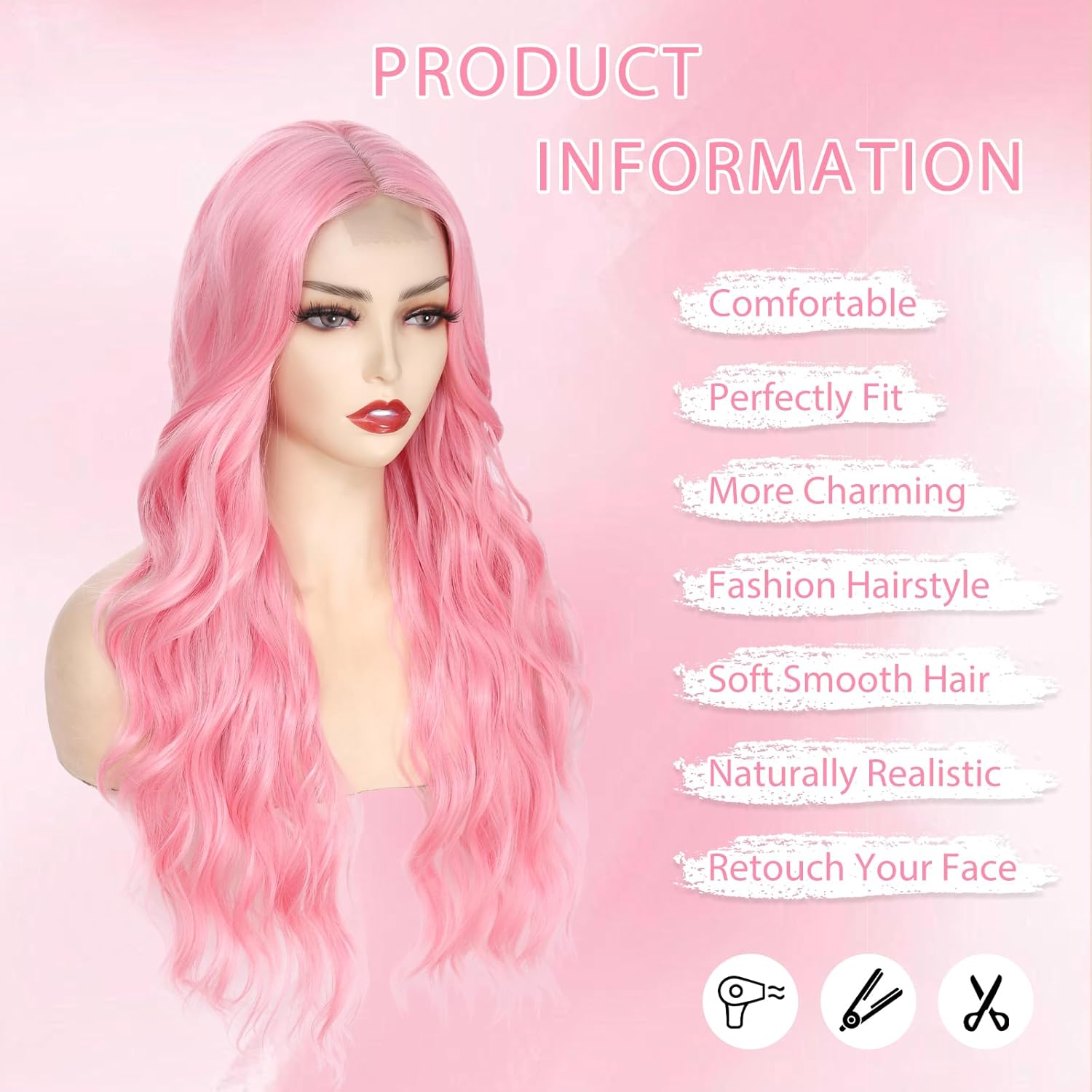 Long Pink Wavy Wig Middle Part for Women 26 Inch Light Pink Curly Wavy Wigs Natural Looking Synthetic Heat Resistant Fiber Wig for Daily Party Use