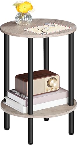Miniatura 9 de Mesa auxiliar redonda, mesa auxiliar de 2 niveles, mesita de noche redonda pequeña con tubo de metal resistente, mesa de centro pequeña industrial,