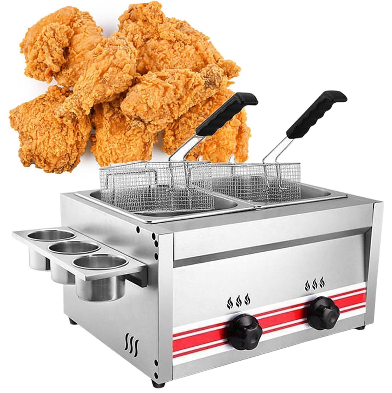 Freidora de gas comercial de gran capacidad, freidora doble de acero inoxidable de 20 L con 2 cestas y tapas, potencia de fuego ajustable para el hogar o la cocina profesional