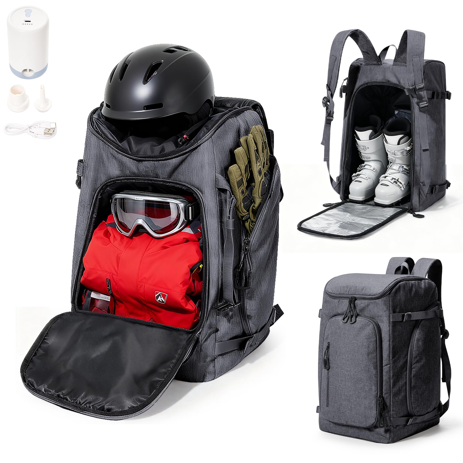 Ski Boot Bag Black Ski and Snowboard Boots Backpack for Ski 60L Vacuum Travel Backpacks with Pump Waterproof Snowboard Boot Bagfor Helmet, Goggles, Gloves, Skis, Snowboard &amp; Accessories
