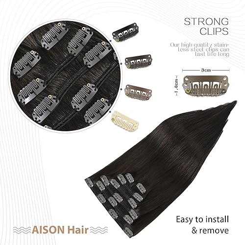 Miniatura 4 de Aison Extensiones de cabello humano real con clip, color marrón oscuro, 2.47 onzas, extensiones de cabello humano Remy con clip, 12 pulgadas, suave,