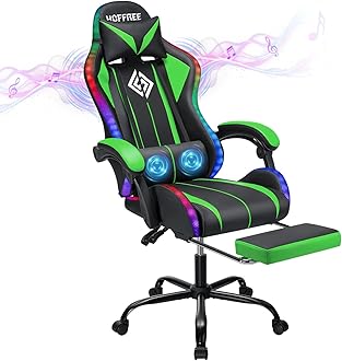 HOFFREE RGB Gaming Chair with Speakers Massage Computer Gaming Chair with LED Lights and Footrest High Back Video Game Chair for Adults Green and Black