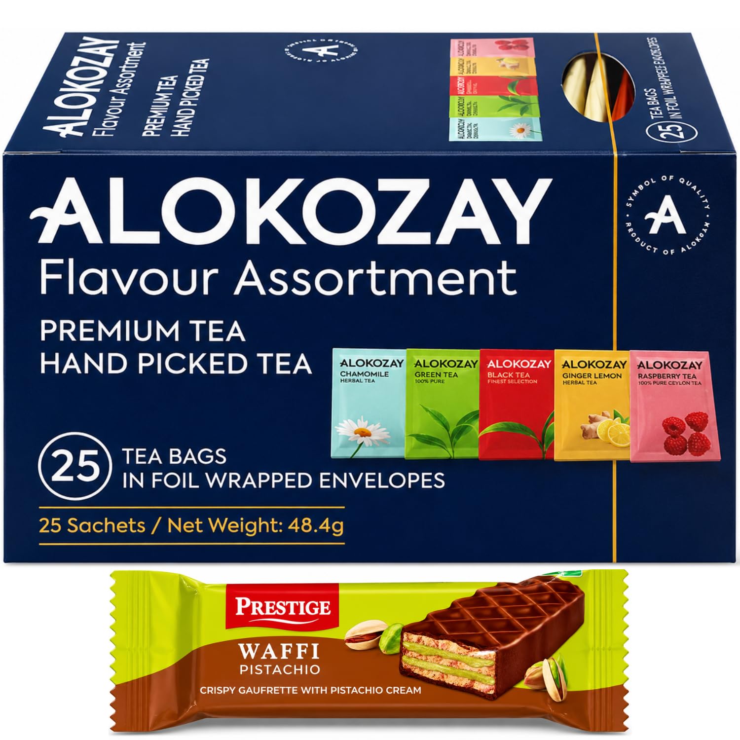 ALOKOZAY - Flavour Assortment Premium Hand Picked Tea Bags (48.4g, 25 Tea Bags) By COUGAR | Assorted Black Tea, Green Tea, Chamomile, Ginger Lemon & Raspberry Flavours | FREE PRESTIGE PISTACHIO WAFFI INCLUDED | Foil Wrapped Tea Bags – (Imported-UAE)-image-12