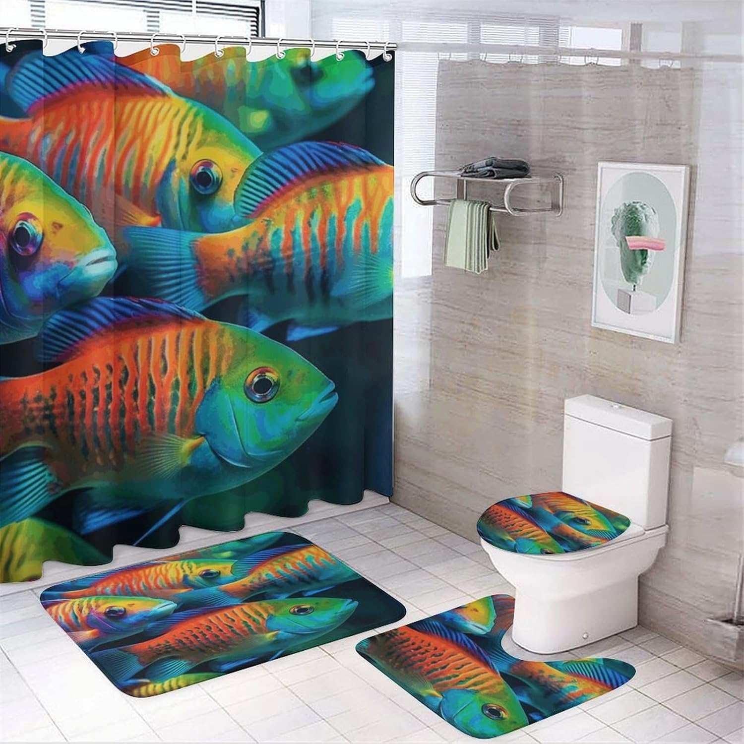 Fish Swimming Together 4Pcs Shower Curtain Set with Non-Slip Rugs, Toilet Lid Cover and Bath Mat,Bathroom Set Decor Accessories,Curtain Set with 12 Hooks, 72 X 72 Inch