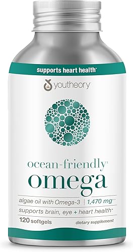 Youtheory Omega Ocean-Friendly - Cápsulas blandas de algas veganas Omega 3 - con EPA y DHA - Salud del corazón, ojos y cerebro - Contenedor de