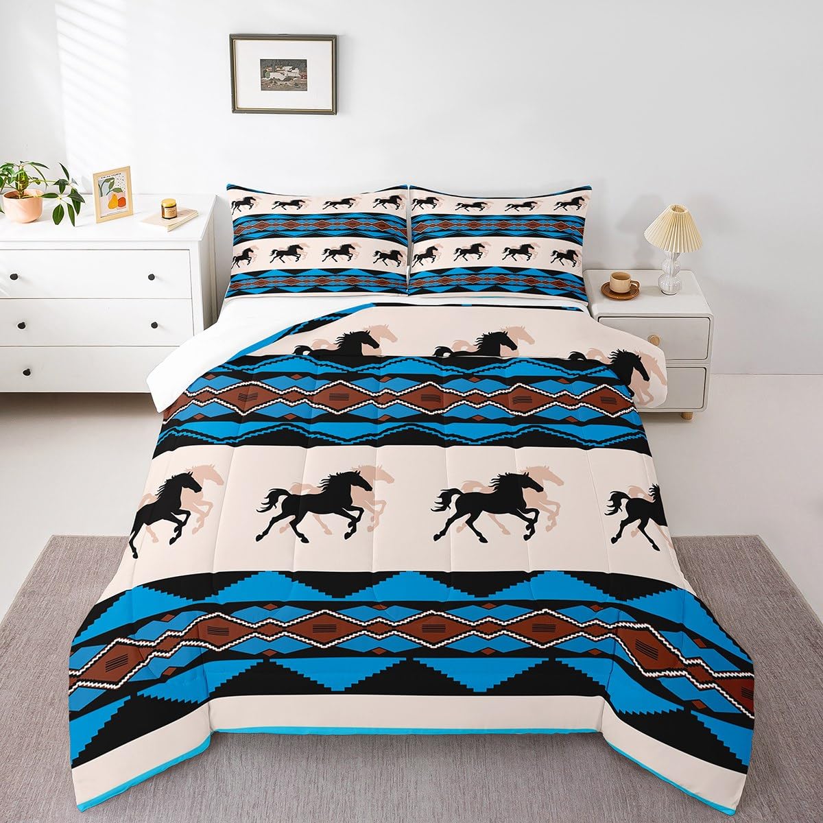 Juego de edredón de caballo, juego de ropa de cama rústico de vaquero occidental, edredón de plumón azteca nativo americano para niños y niñas, decoración de habitación del suroeste, colcha de vida