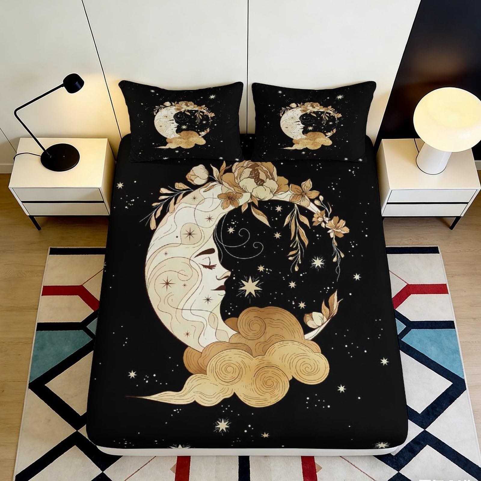 3D Printed Celestial Moon Fitted Sheet Microfiber Soft Breathable Starry Night Mattress Cover for Bedroom Dormitory Guest Room Protection Decor 200x200x25cm