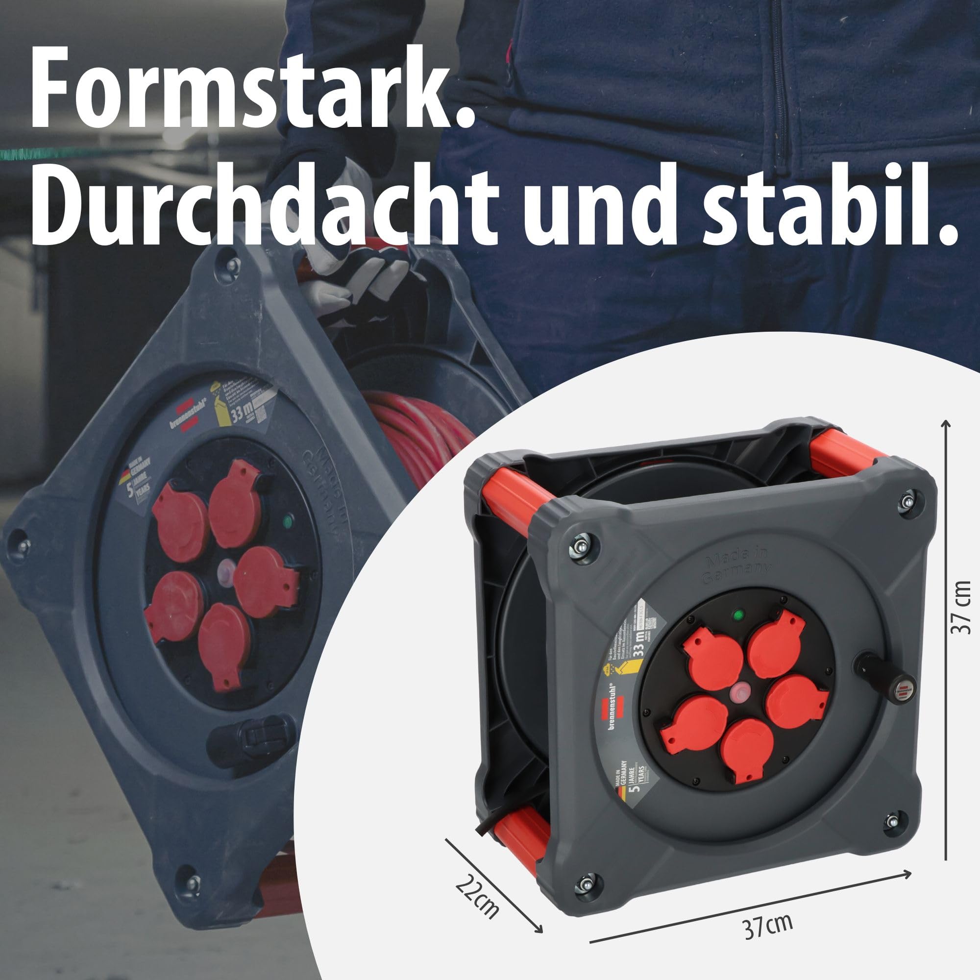 Brennenstuhl Avvolgicavo professionale per cantiere, KA 3200 5 IP44 (33 m cavo H07RN-F 3G2,5 in nero, 5 prese di sicurezza, uso in cantiere e uso esterno permanente, Made in Germany)