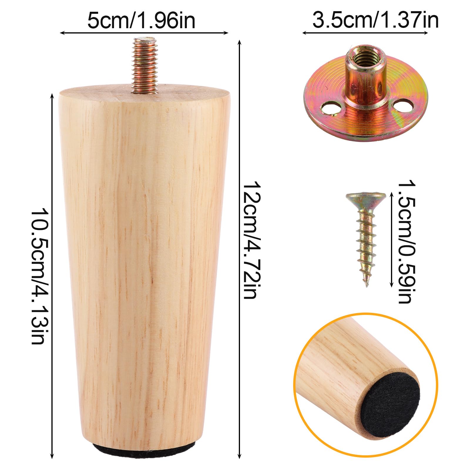 ASelected 4 inch Wood Sofa Legs 4 Pack Solid Wood Furniture Legs DIY Replacement Feets for Sofa Armchair, Cabinet, Chair - Image 2