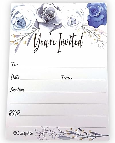 25 invitaciones de flores grises y azules con sobres, rellena el estilo que estás invitado, gris elegante, cumpleaños, baby shower y despedidas de