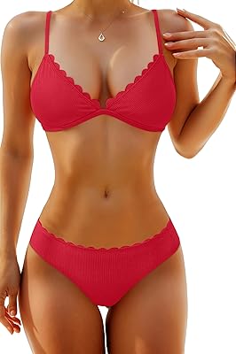 Aqua Eve Women Ribbed Bikini Set - Triangle Two Piece Swimsuit Scalloped Bikini 2025 Low Rise Bathing Suit