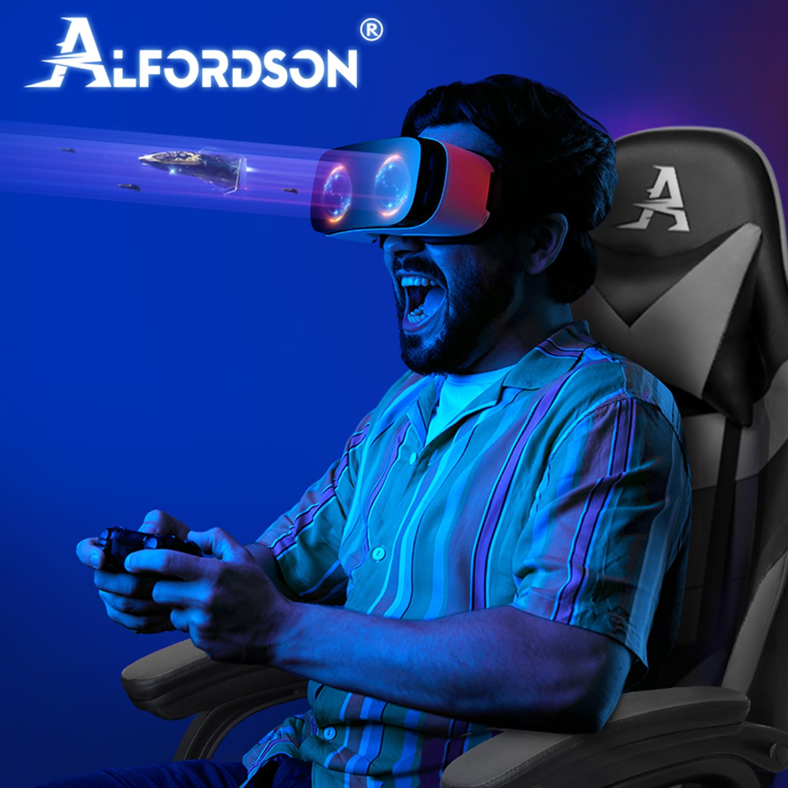 ALFORDSON Silla Gaming Escritorio con Masajeador, Silla Gamer Ergonómica Cojín Lumbar y Cervical, Reposapiés Retráctil, Ruedas Giratorias 360°, para Oficina, Videojuego, Ordenador, Cuero PU(Gris)