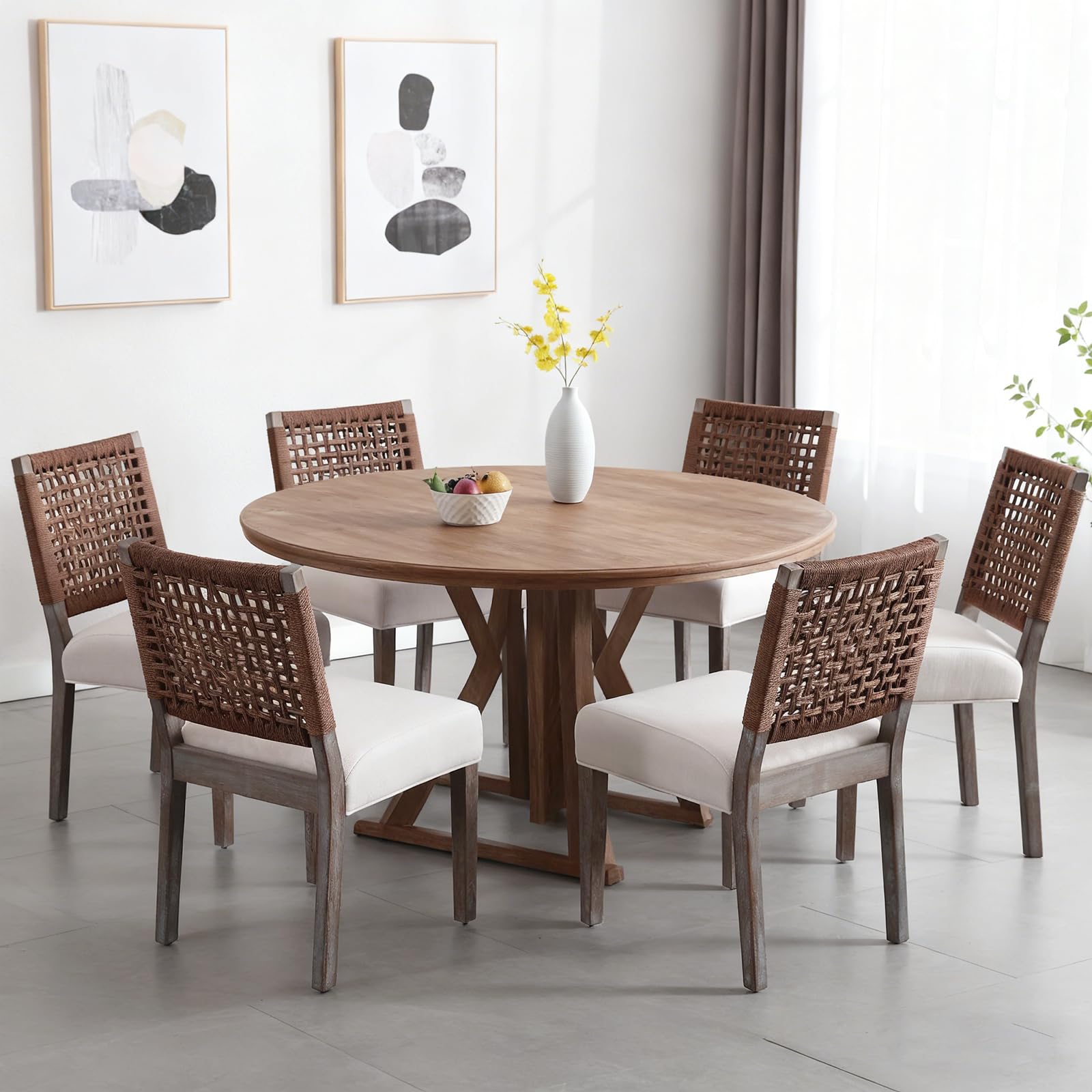 DM Furniture Farmhouse Dining Chairs Set of 6, Upholstered Dining Chairs with Handwoven Backrest, Soft Padded Seat & Weathered Wood Legs, Comfortable