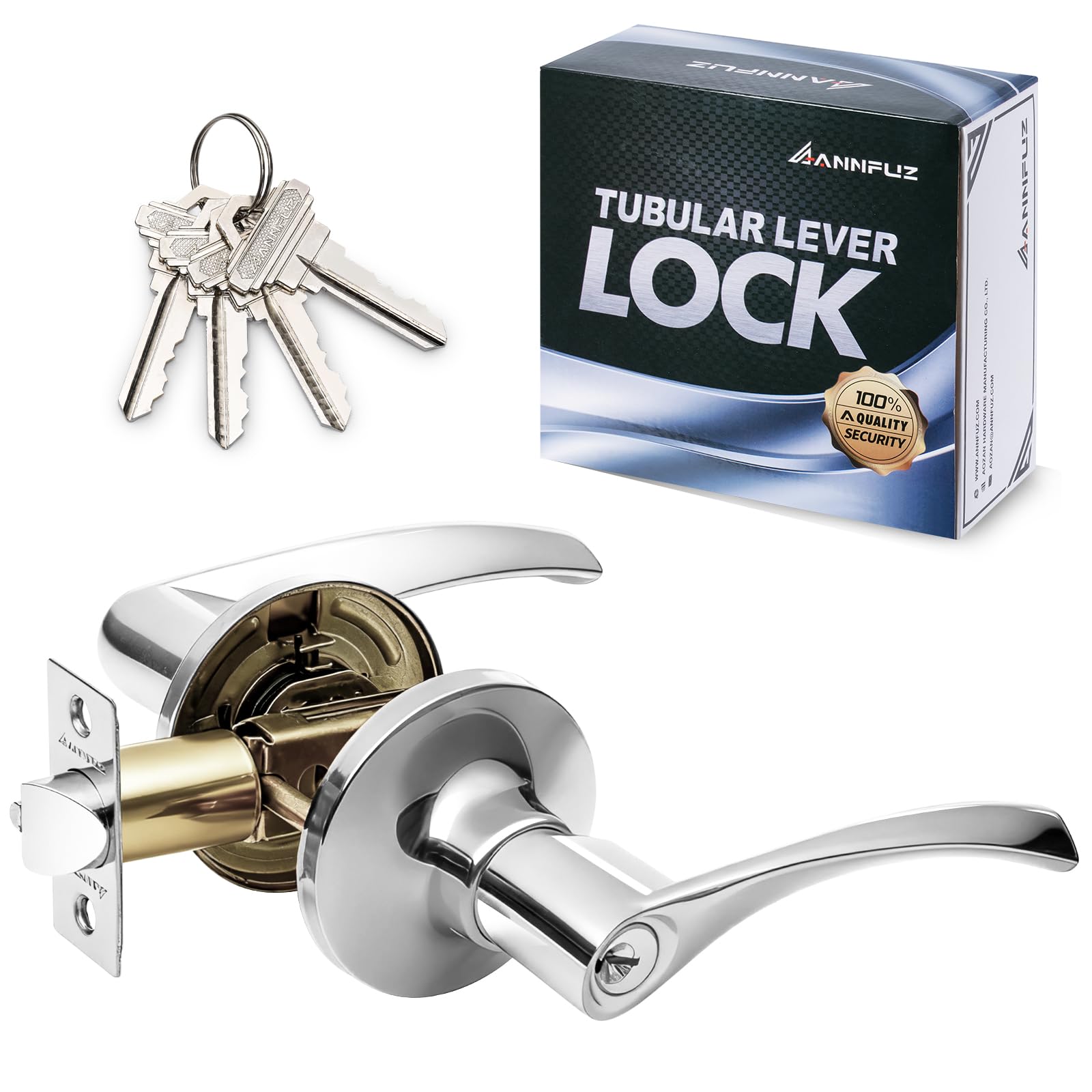 Annfuz Metallic Silver Entry Door Lever Handle Lock With Keys For Room/Office/Front Door,Entrance Interior Exterior Door Knob Hardware,Lockable,Not Keyed Alike,Reversible For Left/Right Side(Entry, Bright Chrome)