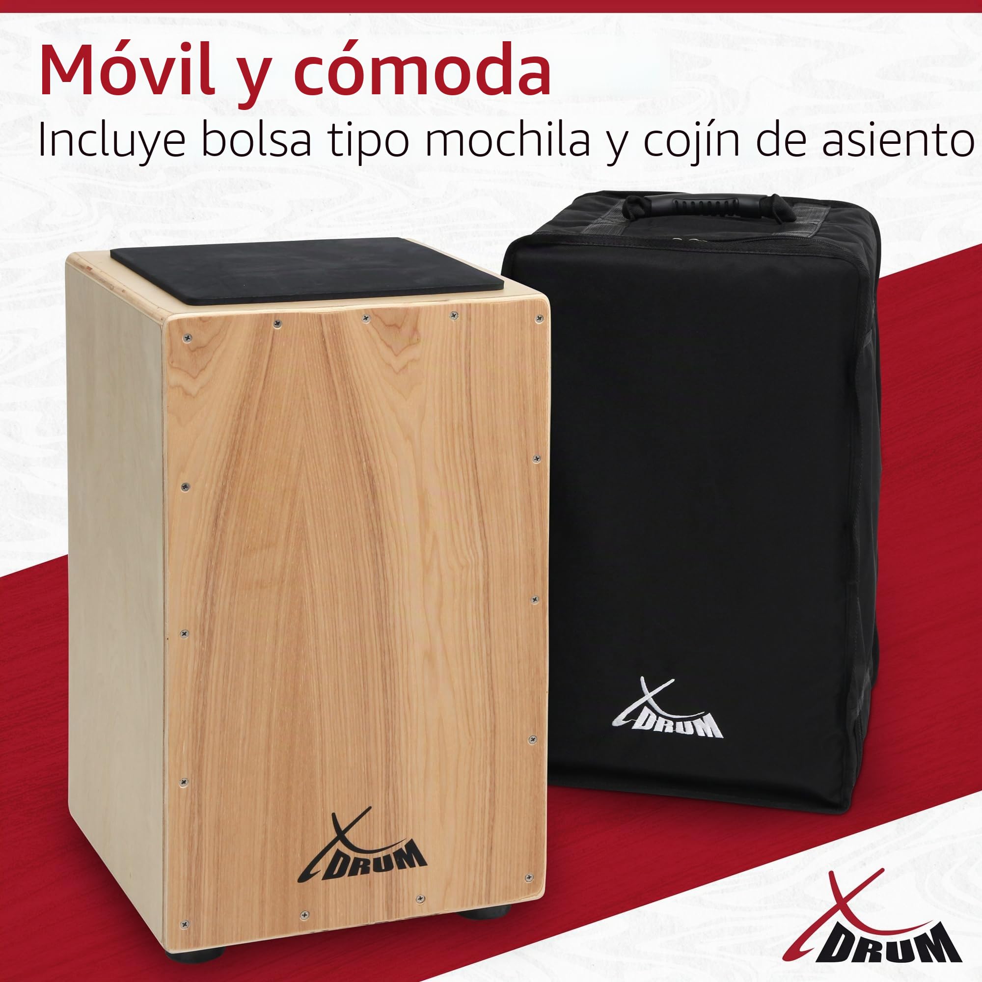 XDrum Cajon Primero Natur incl. escuela de cajón y bolsa, Cuerpo: tilo | Superficie de golpe: tilo, Frontal atornillado, Construcción afro-peruana, Orificio de sonido en la parte trasera, Peso: 3