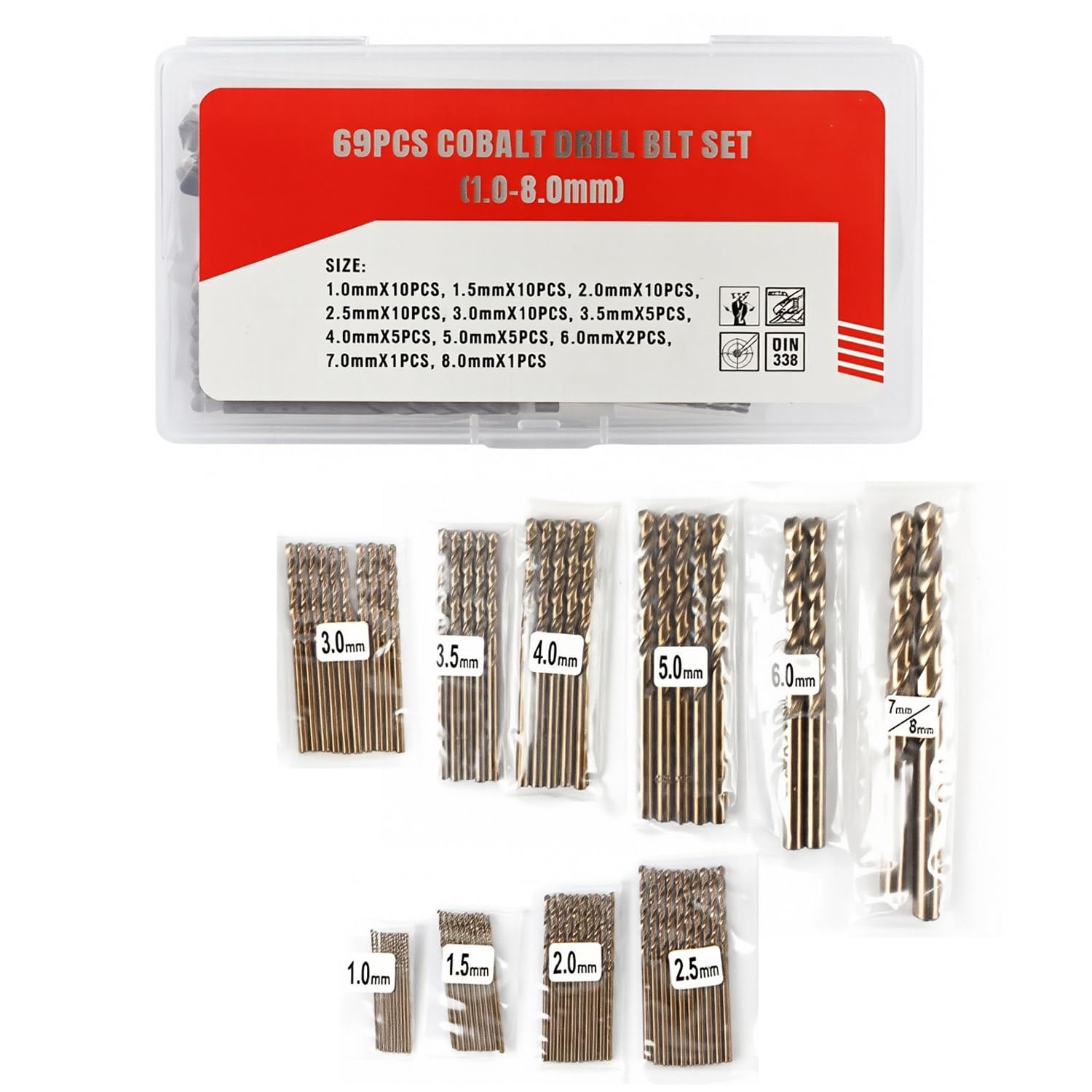 Juego de 69 brocas métricas, acero cobalto M35, tamaños de 1 mm a 8 mm, flauta de doble giro, punto de división de 135 grados, acabado de bronce, con caja de almacenamiento de plástico PP