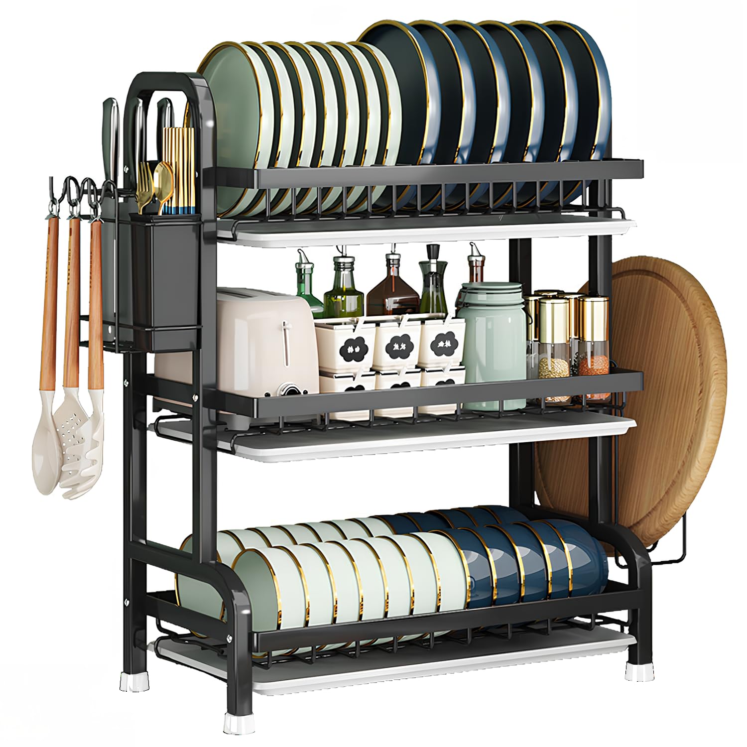 Scolapiatti nero a 3 livelli con vassoio raccogligocce 63 * 27 * 14 cm, porta posate/tagliere da posizionare sopra il lavello, scaffale portaoggetti per piatti in acciaio inox con 4 ganci