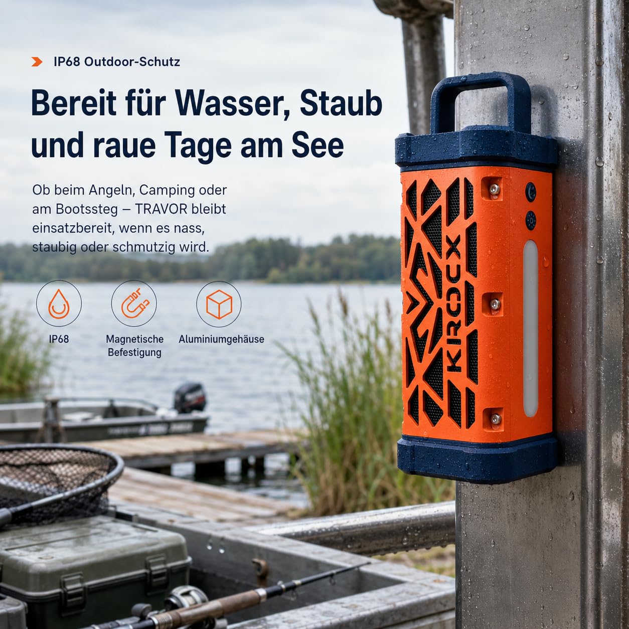 TRAVOR Magnet Bluetooth Lautsprecher aus Aluminium für Garage, Heimwerker | TWS & Bass Boost für Camper, Werkstatt & Baustelle IP68 gegen Regen, Staub & Schlamm 25 Std. Akku für Arbeit, Reise & Outdoor